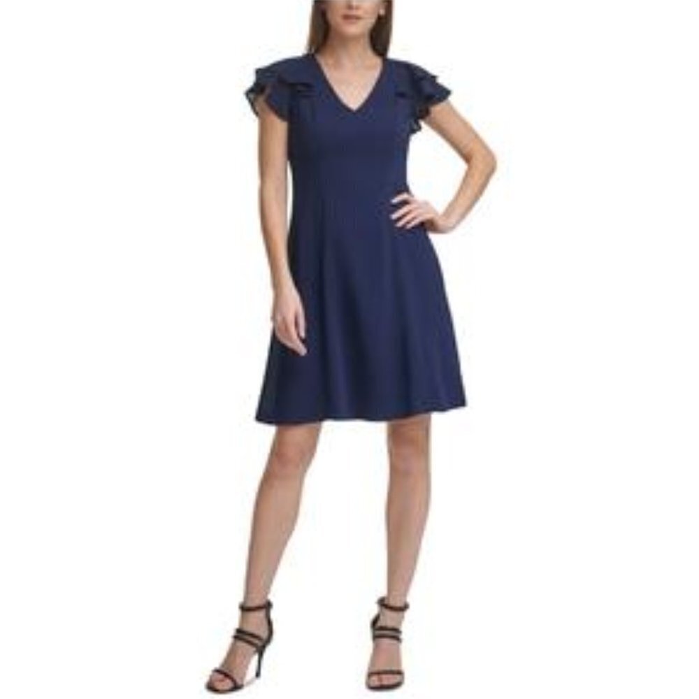 DKNY Women's Navy Textured Flutter Sleeve V Neck Dress Size 6